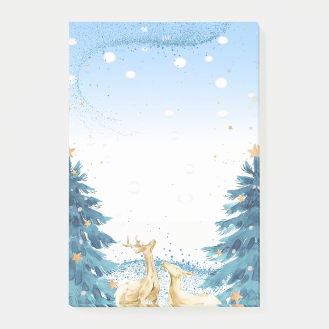 Gold Reindeers,Blue Pine Trees Post-it Notes (Front)