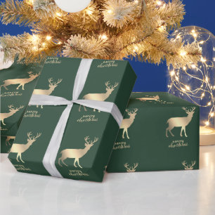 Gold Reindeers Green Merry Christmas Wrapping Paper