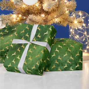 Gold Reindeers on Dark Green Wrapping Paper