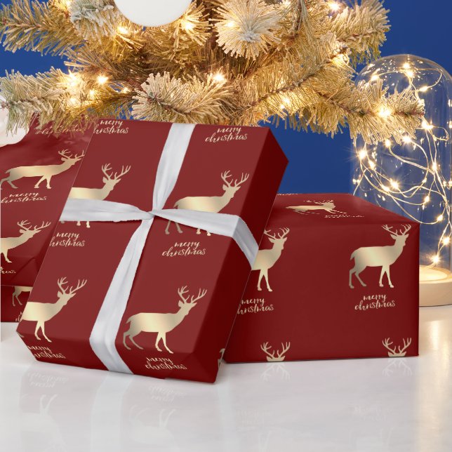 Gold Reindeers Red Merry Christmas    Wrapping Paper (Holidays)
