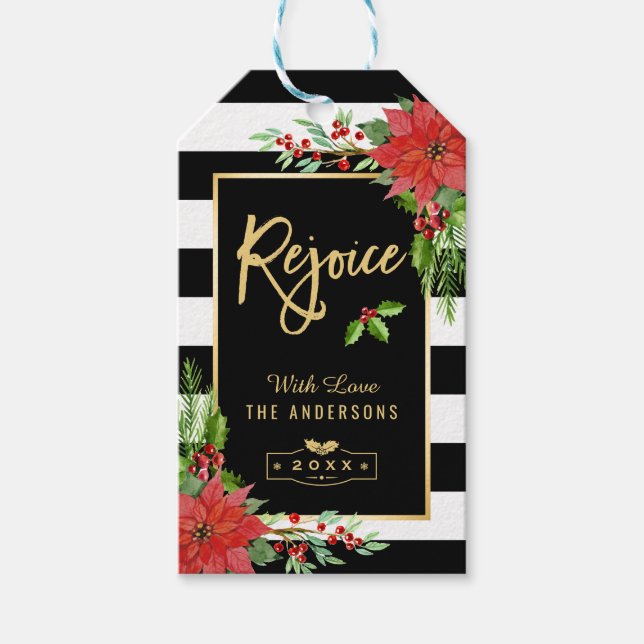 Gold Rejoice Script Christmas Botanical Floral Gift Tags (Front)