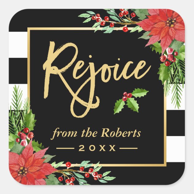 Gold Rejoice Script Religious Christmas Floral Square Sticker