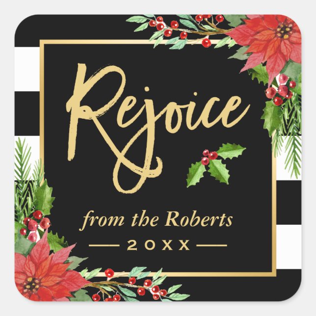 Gold Rejoice Script Religious Christmas Floral Square Sticker (Front)