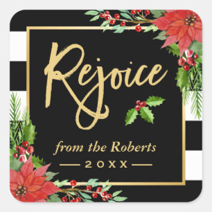 Gold Rejoice Script Religious Christmas Floral Square Sticker