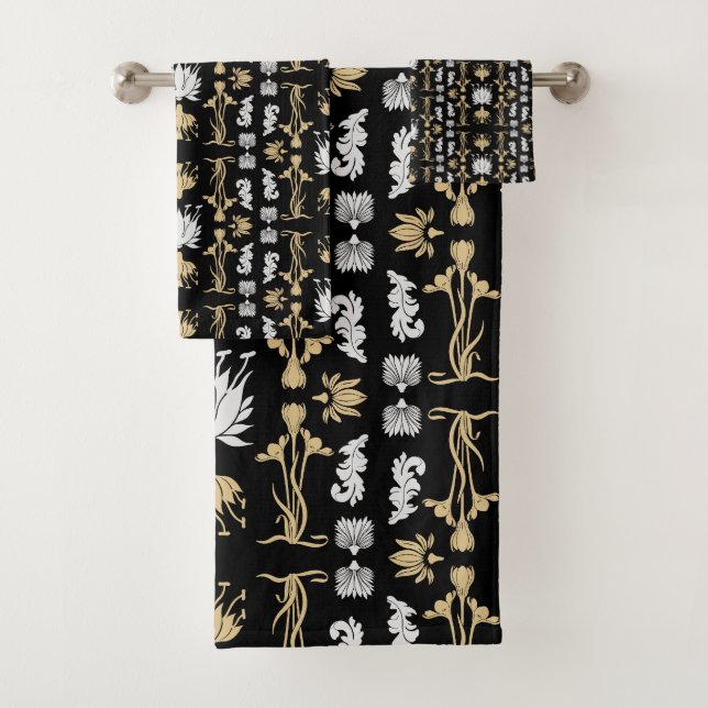 Gold Retro Art Nouveau Print Bath Towel Set (Insitu)