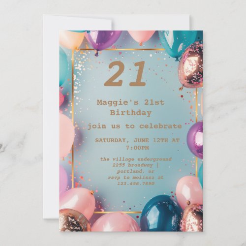 Gold Retro Balloons 21st Birthday Invitation