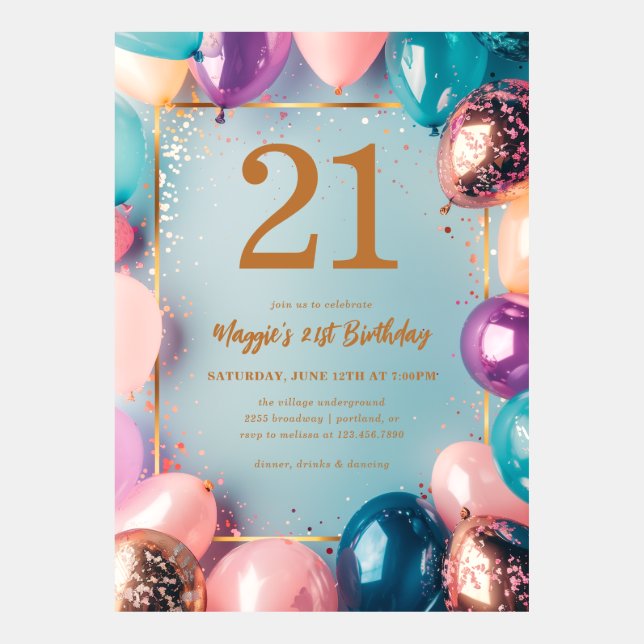 Gold Retro Balloons 21st Birthday Invitation (Front)