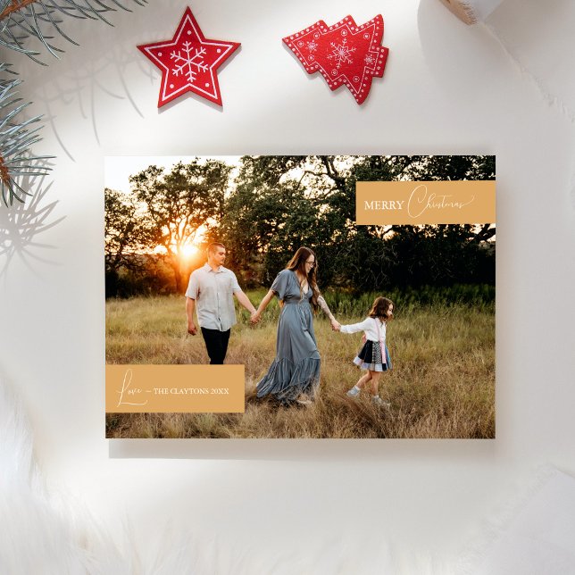 Gold Retro Boho Minimalist Family News Photo Holiday Card (Creator Uploaded)