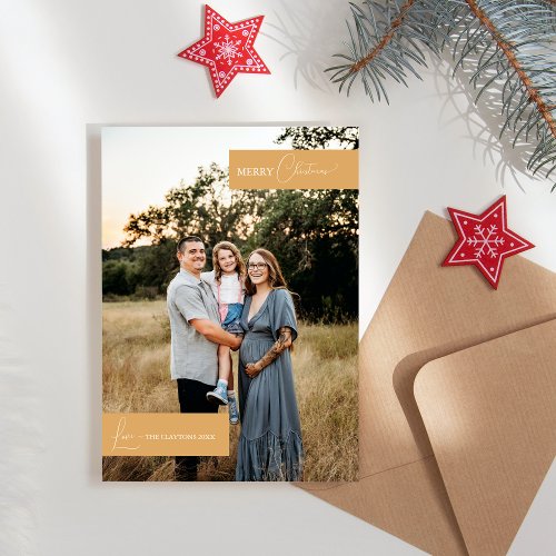 Gold Retro Boho Minimalist Family Portrait Holiday Card