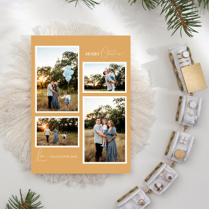 Gold Retro Boho Minimalist Four Photo Collage Holiday Card