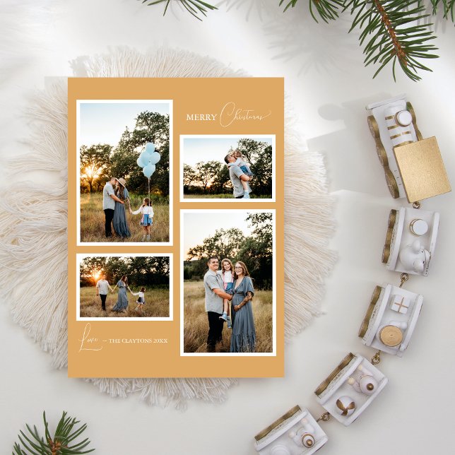 Gold Retro Boho Minimalist Four Photo Collage Holiday Card (Creator Uploaded)