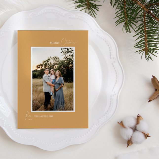 Gold Retro Boho Minimalist Letter and Photo Holiday Card (Creator Uploaded)