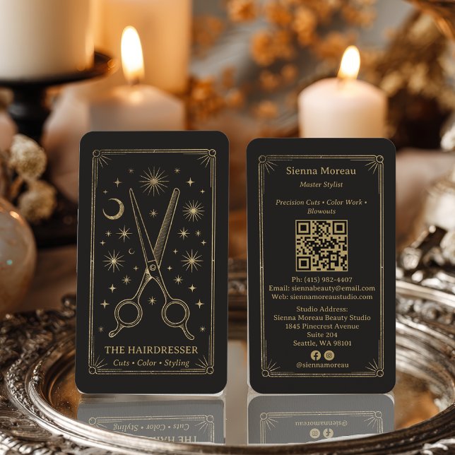 Gold Retro Celestial Tarot Hairdresser QR Code Business Card (Gold Retro Celestial Tarot Hairdresser QR Code Business Card)