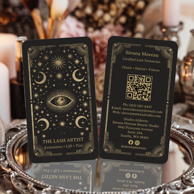 Gold Retro Celestial Tarot Lash Artist QR Code Business Card (Gold Retro Celestial Tarot Lash Artist QR Code Business Card)
