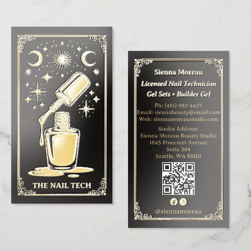 Gold Retro Celestial Tarot Nail artist Qr Foil Business Cards