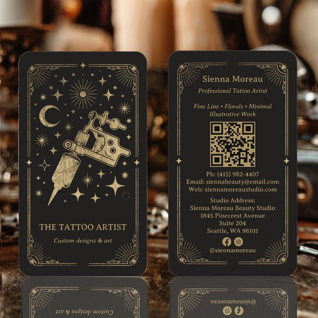 Gold Retro Celestial Tarot Tattoo artist QR Business Card (Gold Retro Celestial Tarot Tattoo artist QR Business Card)