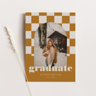 Gold Retro Checkered Arch Vintage Photo Graduation Invitation