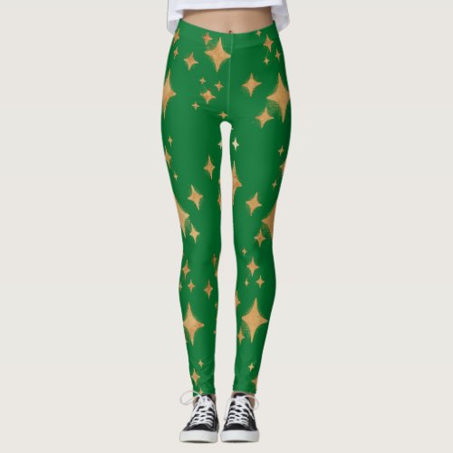 Gold Retro Christmas Stars on Green Leggings