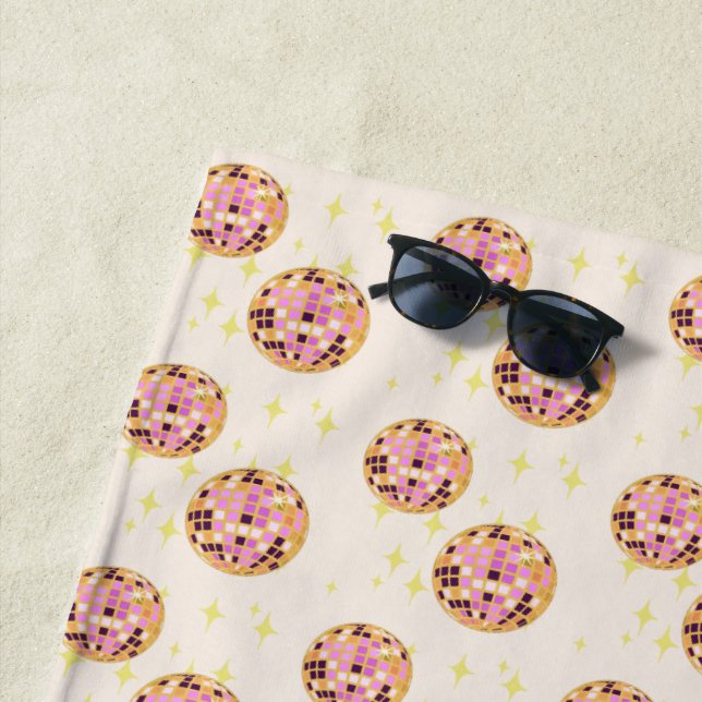 Gold Retro Disco Ball Mirrorball Beige Beach Towel (In Situ)
