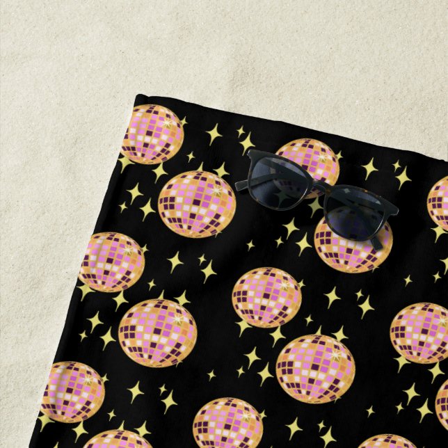 Gold Retro Disco Ball Mirrorball Black Beach Towel (In Situ)