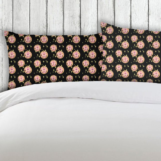 Gold Retro Disco Ball Mirrorball Black Pillow Case (Creator Uploaded)