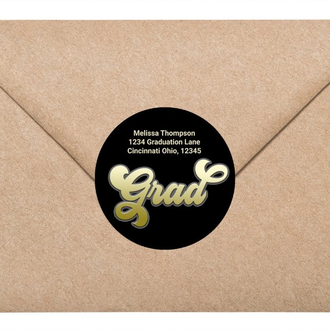 Gold Retro Graduation Return Address  Classic Round Sticker (Graduation return address label sticker with gold typography.)