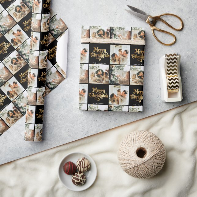 Gold Retro Merry Christmas Family 3 Photo Collage Wrapping Paper (Crafts)