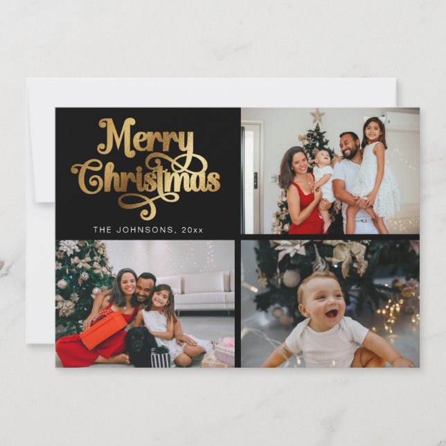 Gold Retro Merry Christmas Family Photo Collage Holiday Card (Front)