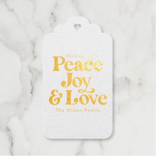 Gold Retro Peace Joy & Love Christmas Family Foil Gift Tags
