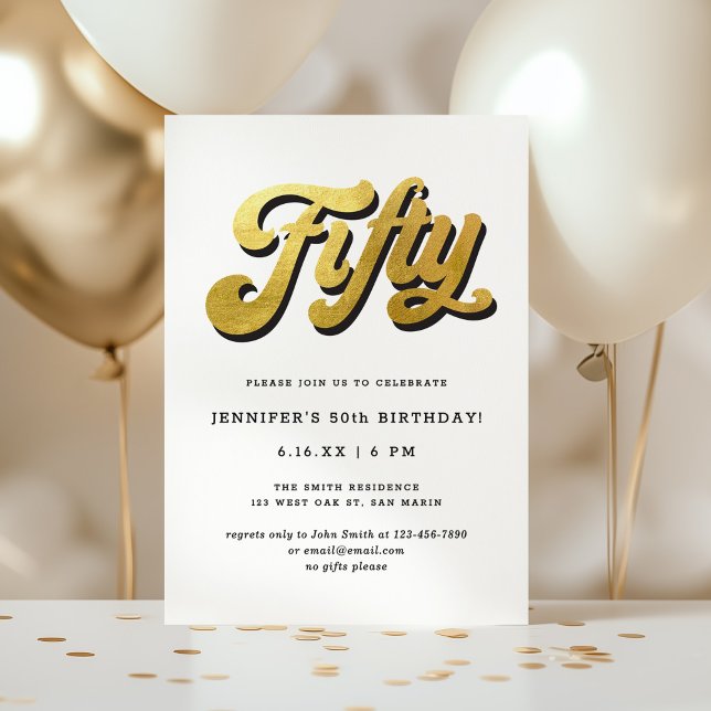 Gold Retro Script Black White 50th Birthday Party Invitation (Creator Uploaded)