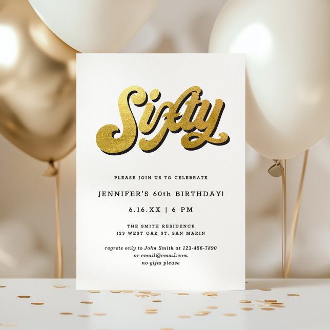 Gold Retro Script Black White 60th Birthday Party Invitation (Creator Uploaded)
