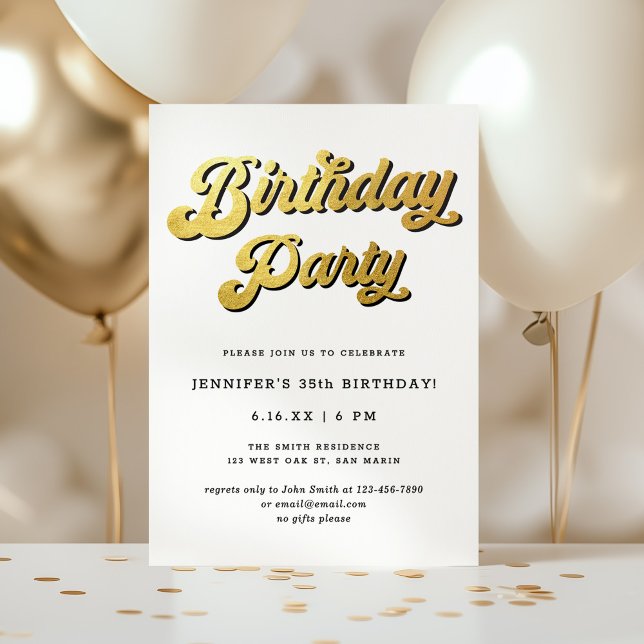 Gold Retro Script Black & White Birthday Party Invitation (Creator Uploaded)