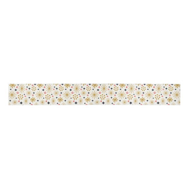 Gold Retro Stars and Red Berries Grosgrain Ribbon (Front)