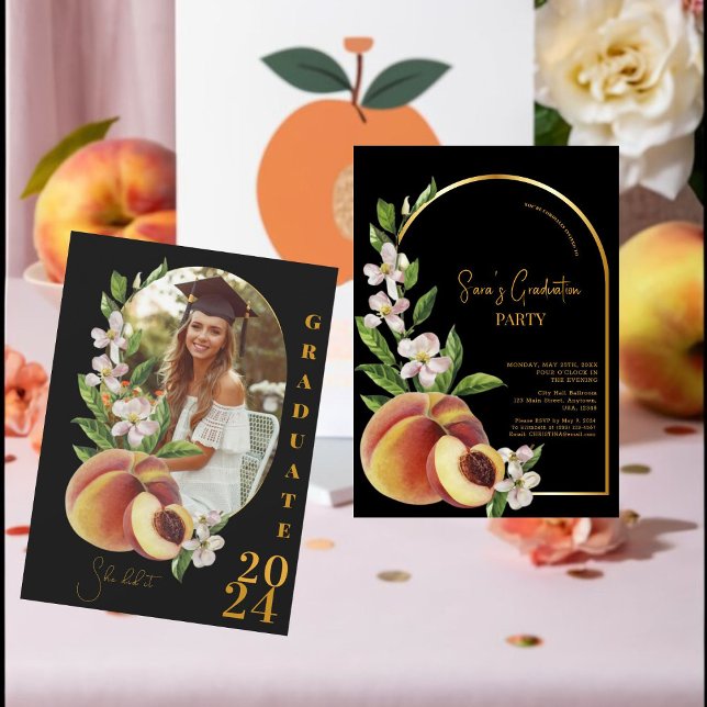 Gold Retro Watercolor Peaches Graduation Party  Invitation (Step into sophistication with our retro-chic invites! )