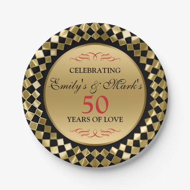 Gold Rhomboid And Red Swirls- Gold Anniversary Din Paper Plates (Front)