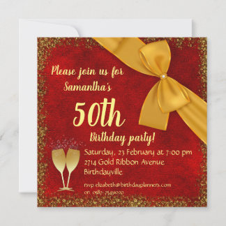 Gold Ribbon and Red Velvet 50th Birthday Invitation