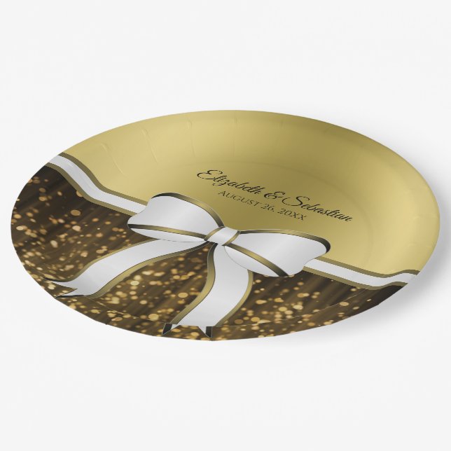 Gold Ribbon and Sparkles Elegant Glam Wedding Paper Plates (Angled)
