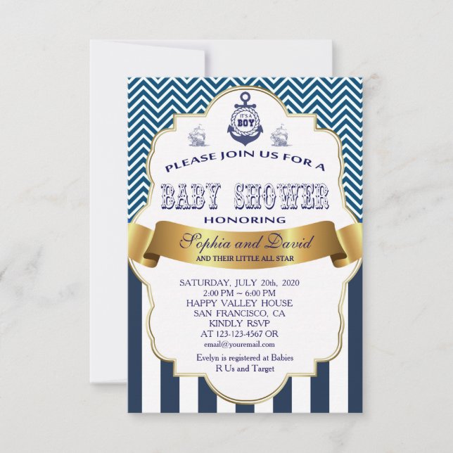 Gold Ribbon Blue Stripes Waves Anchor BABY SHOWER Invitation (Front)