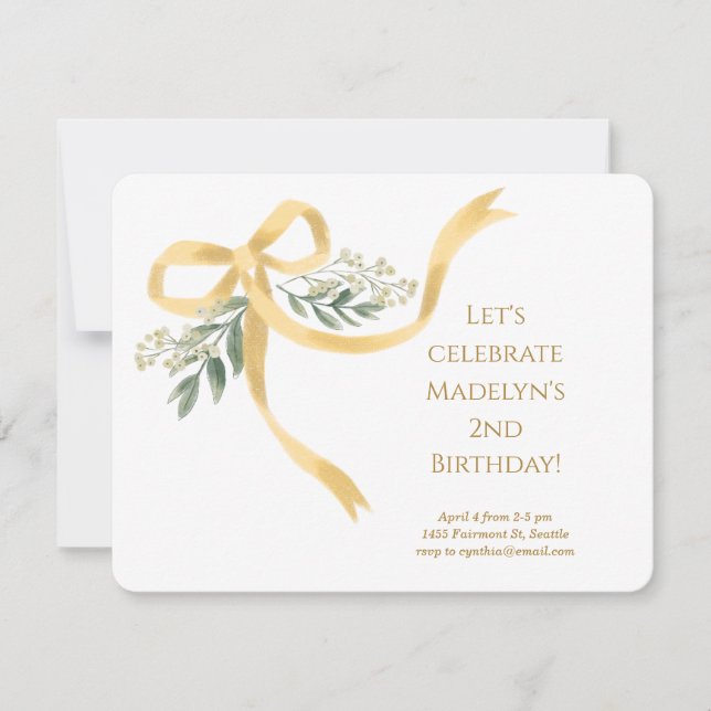 Gold Ribbon Bow Birthday Party Invitation (Front)