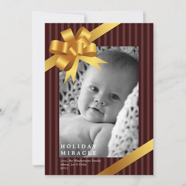 Gold ribbon bow frame holiday miracle baby first card (Front)
