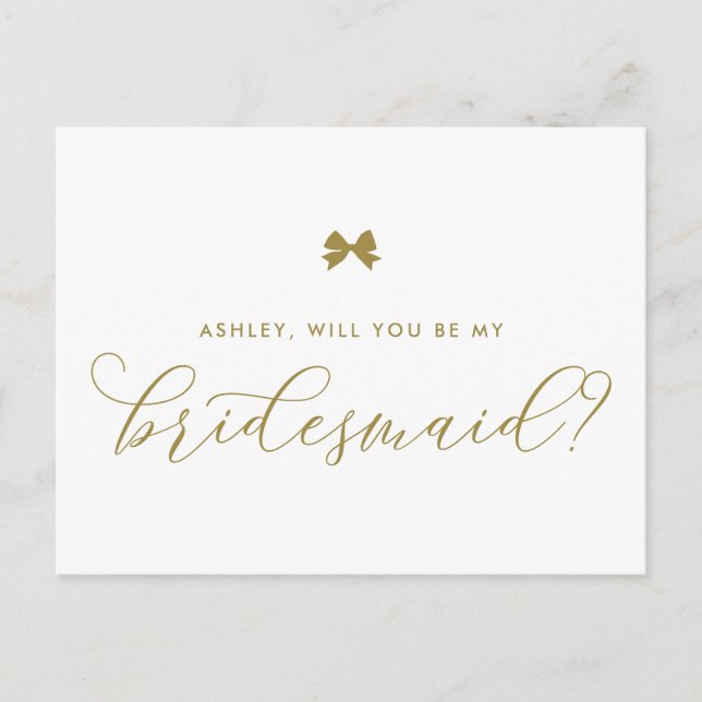 Gold Ribbon Bow Will You Be My Bridesmaid Card (Front)