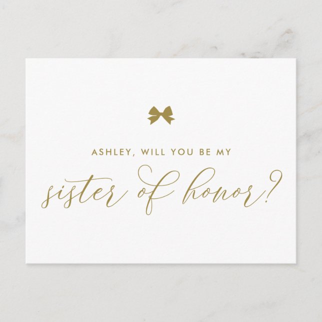 Gold Ribbon Bow Will You Be My Sister of Honor Postcard (Front)