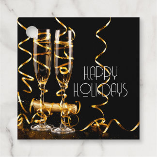 Gold Ribbon Champagne Happy Holidays Favor Tags