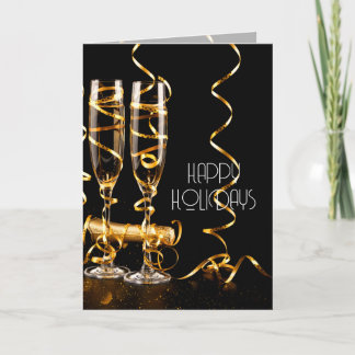 Gold Ribbon Champagne Happy Holidays Holiday Card