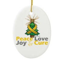 Gold Ribbon Christmas Peace Love, Joy & Cure Ceramic Ornament