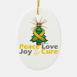 Gold Ribbon Christmas Peace Love, Joy & Cure Ceramic Ornament
