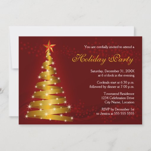 Gold Ribbon Christmas Tree Holiday Party Invitation | Zazzle