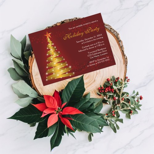 Gold Ribbon Christmas Tree Holiday Party Invitation