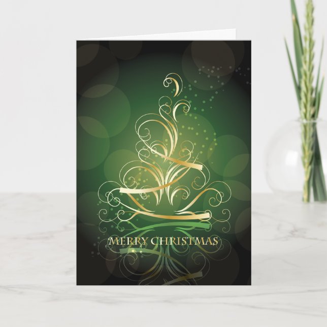 Gold Ribbon Christmas Tree on Green Christmas Holiday Card (Front)