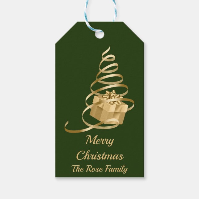 Gold Ribbon Christmas Tree Present Gift Tag (Front)